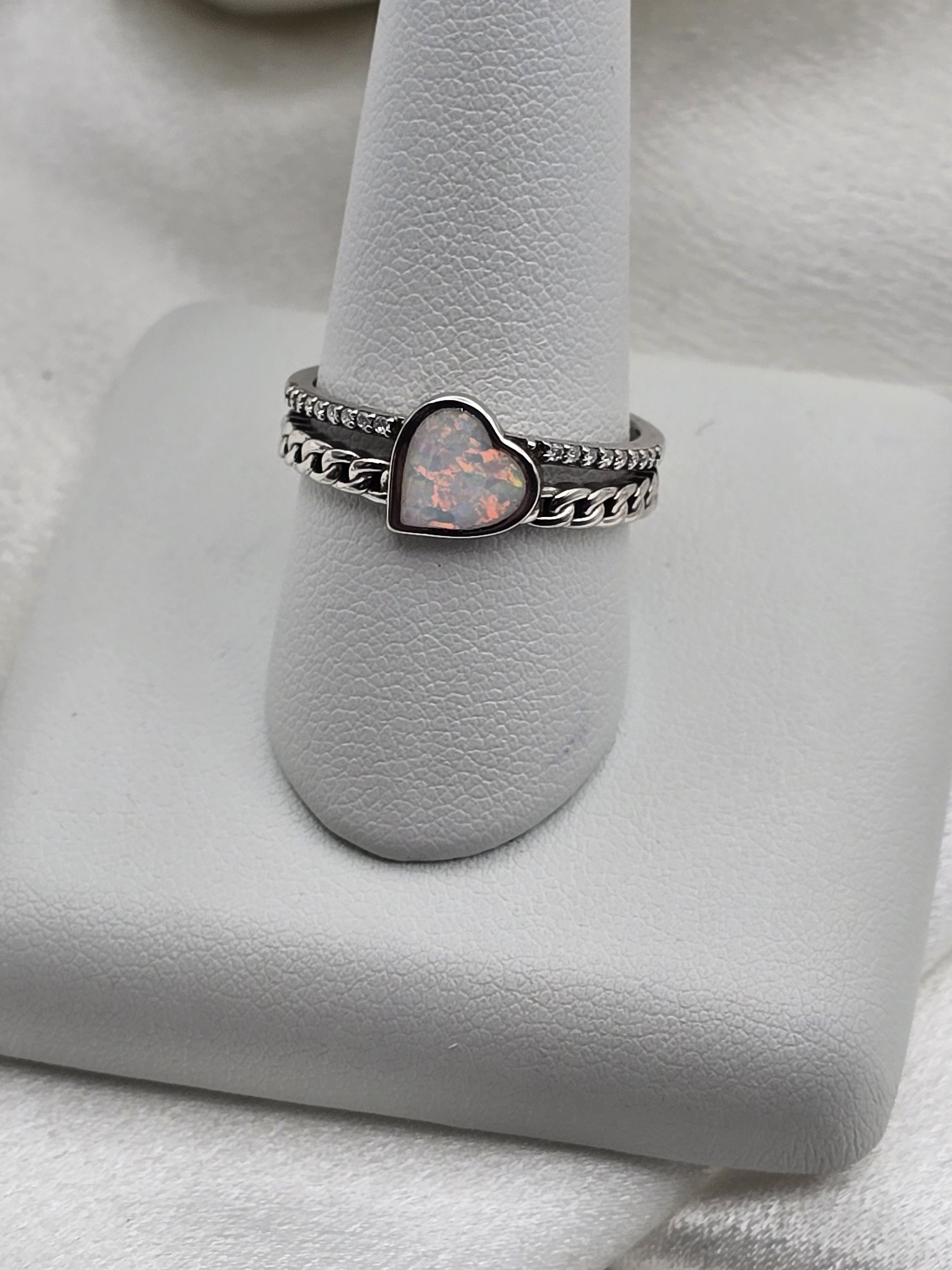 Sterling Silver 925 Created White Heart Opal Ring